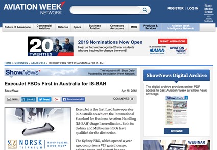 April 2018 - Aviation Week - ExecuJet FBOs First in Australia for IS-BAH view