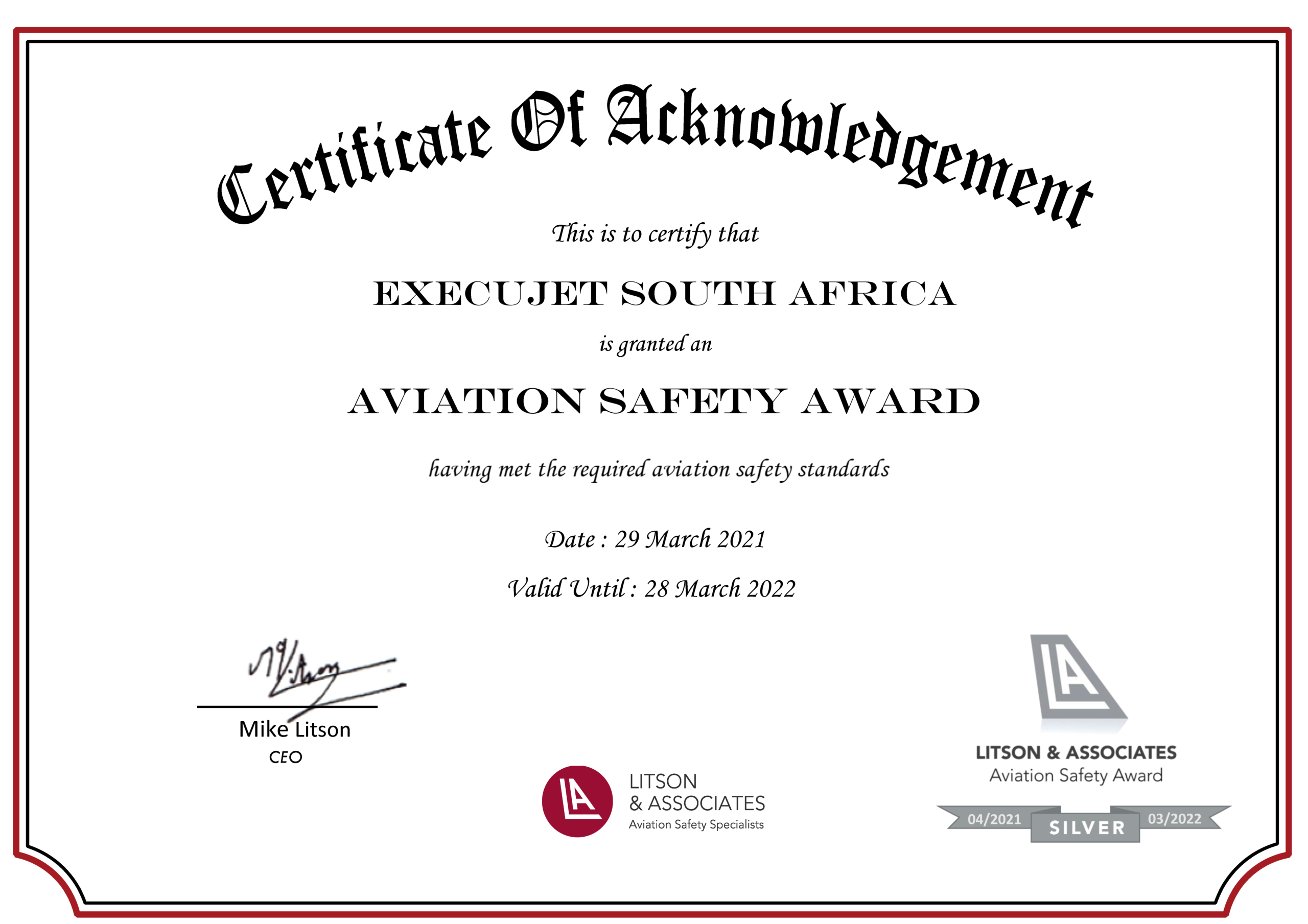 ExecuJet Africa awarded Litson & Associates Silver Aviation Safety Award 