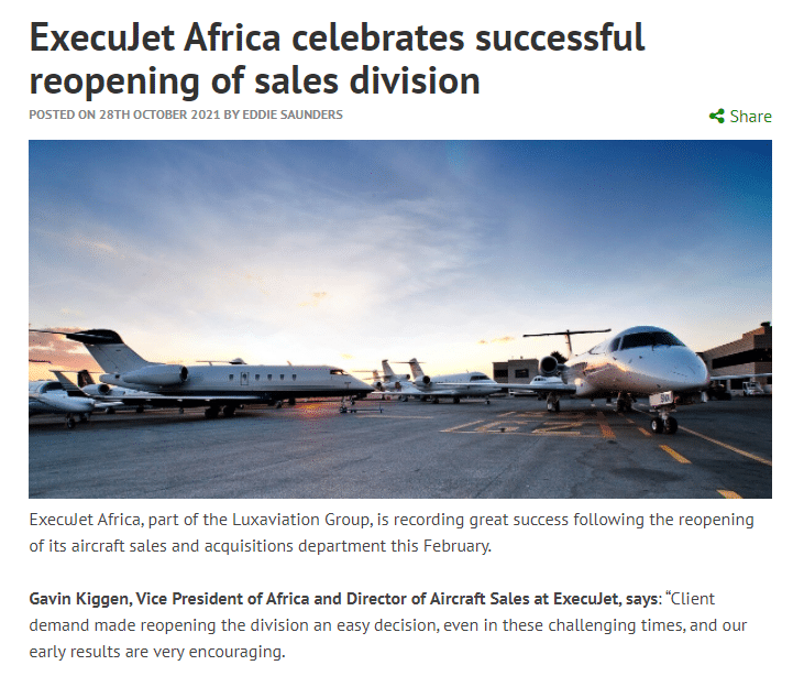 Gavin Kiggen, Vice President of Africa and Director of Aircraft Sales at ExecuJet