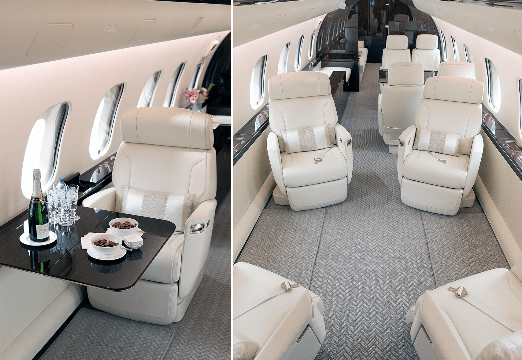 Comfortable interior of a luxury private jet 