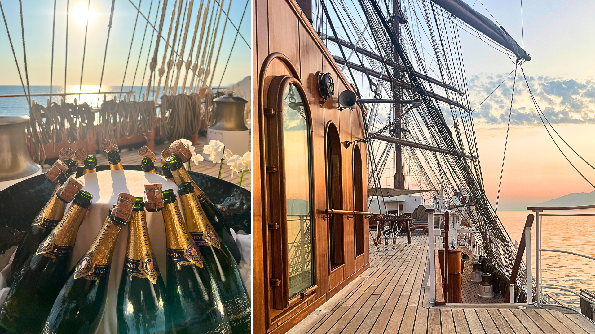 A welcome champagne and floral arrangement on the Sea Cloud Spirit's deck, showing the ship's sails, wood, and brass details.