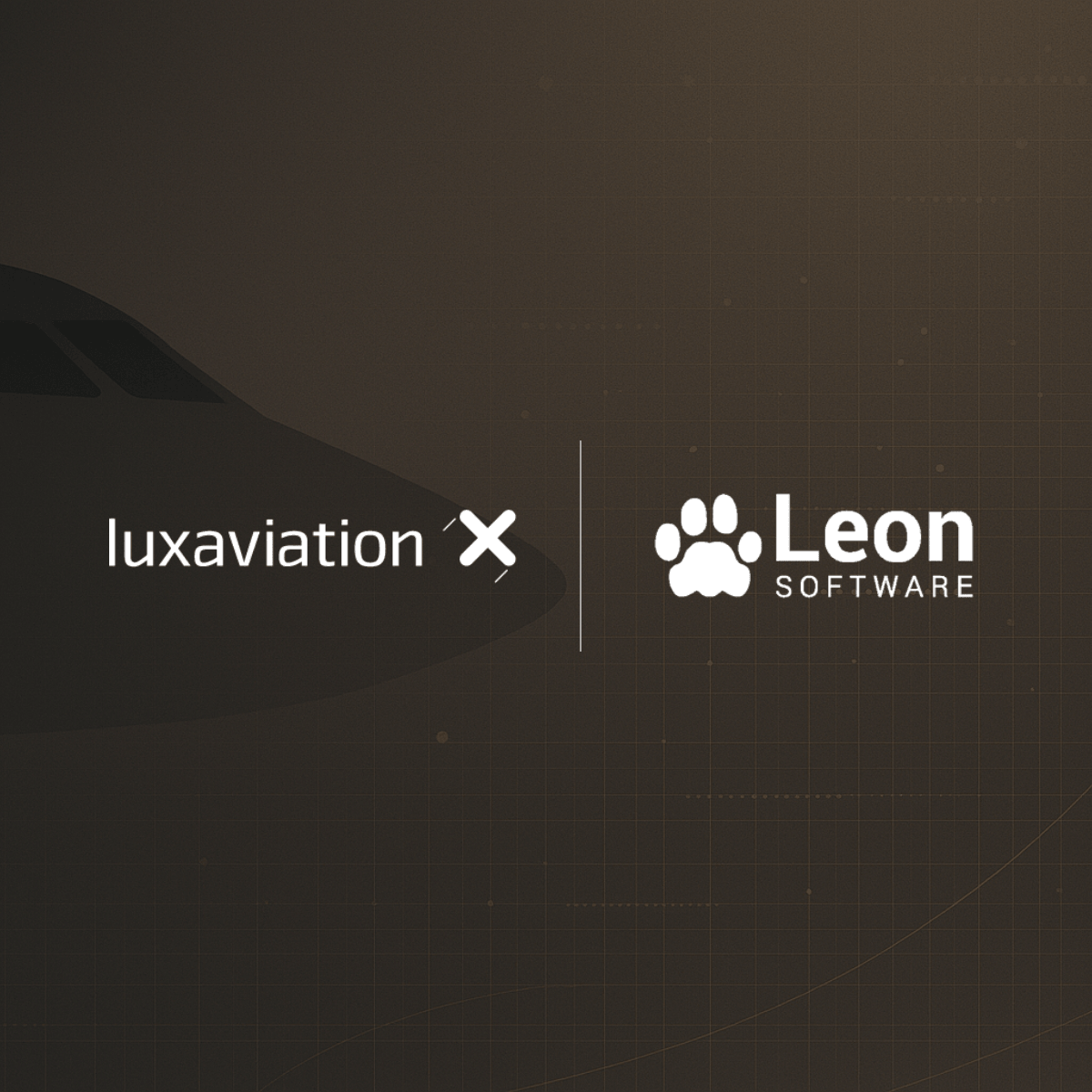 Luxaviation and Leon Software partnership announcement visual with aircraft silhouette and logos