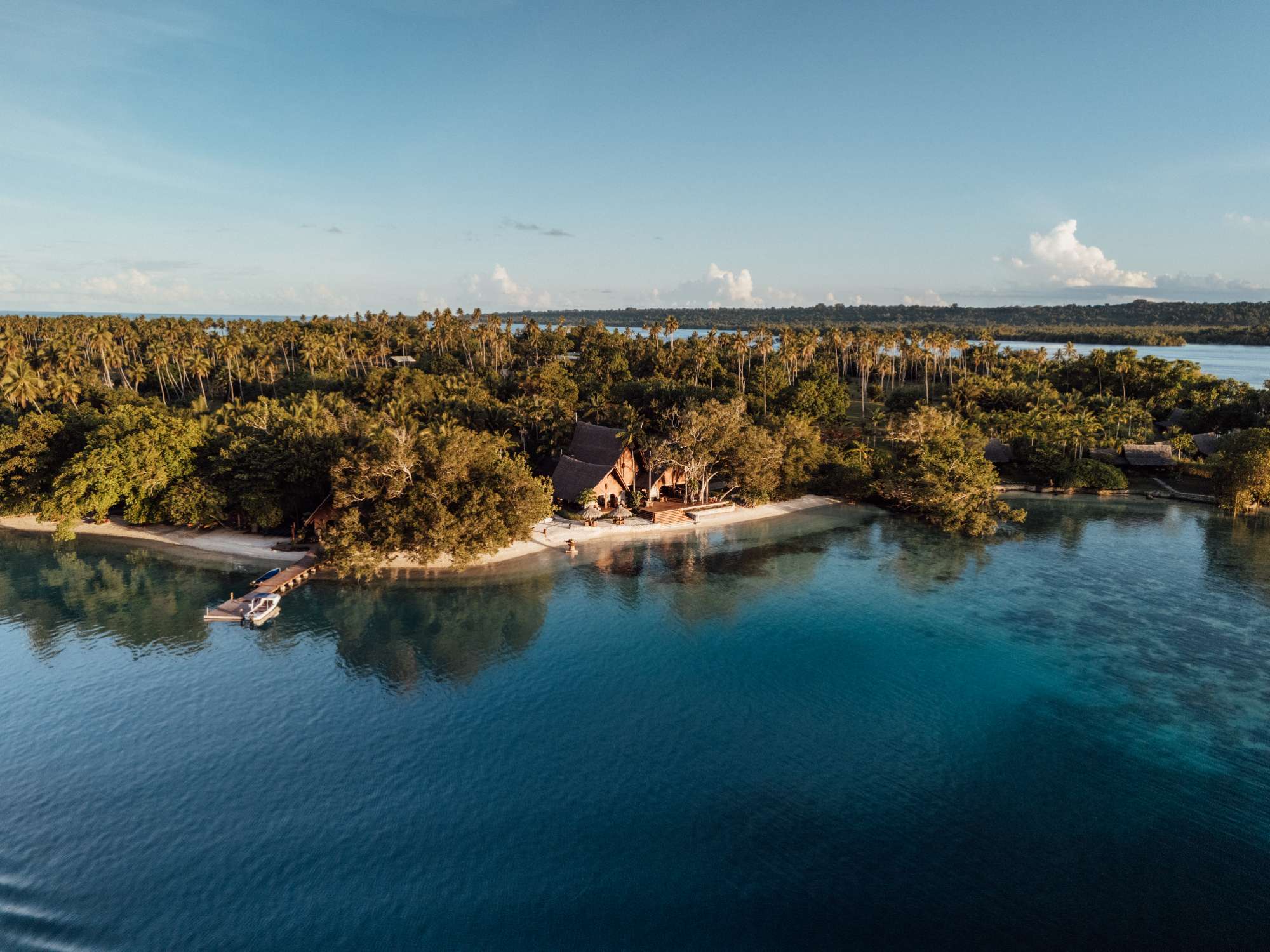 Aerial view of a private villa on Ratua Private Island